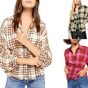 Free People Womens Plaid 3/4 Sleeve Collared Button up Top, Choose Sz/Color